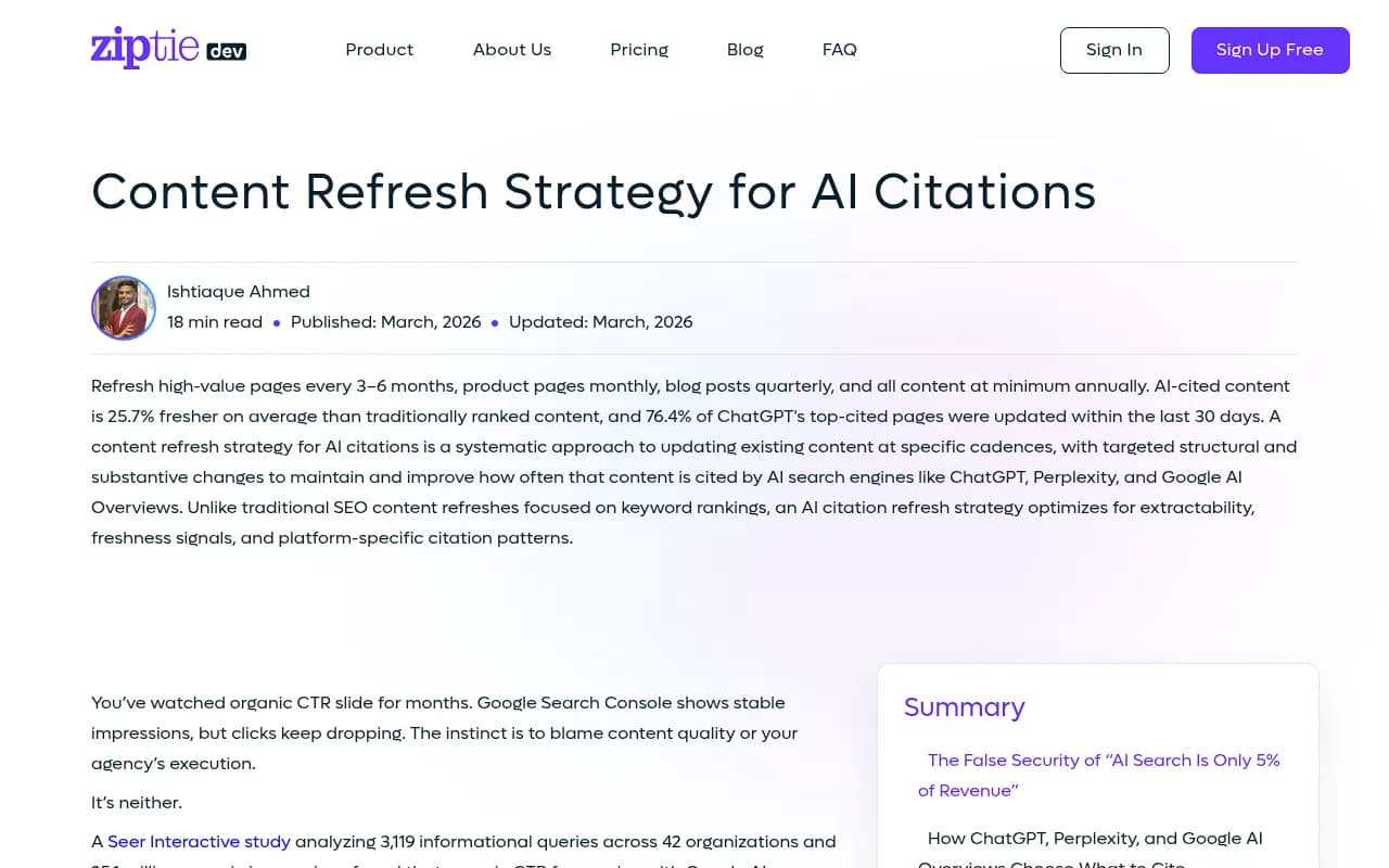 Content refresh strategy research showing AI citation freshness data and recommended update cadences