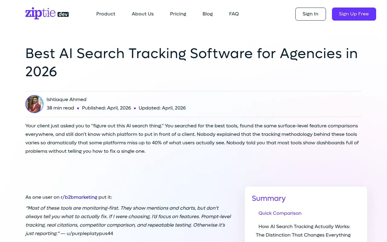 ZipTie.dev's agency-focused comparison of AI search tracking software, showing methodology differences