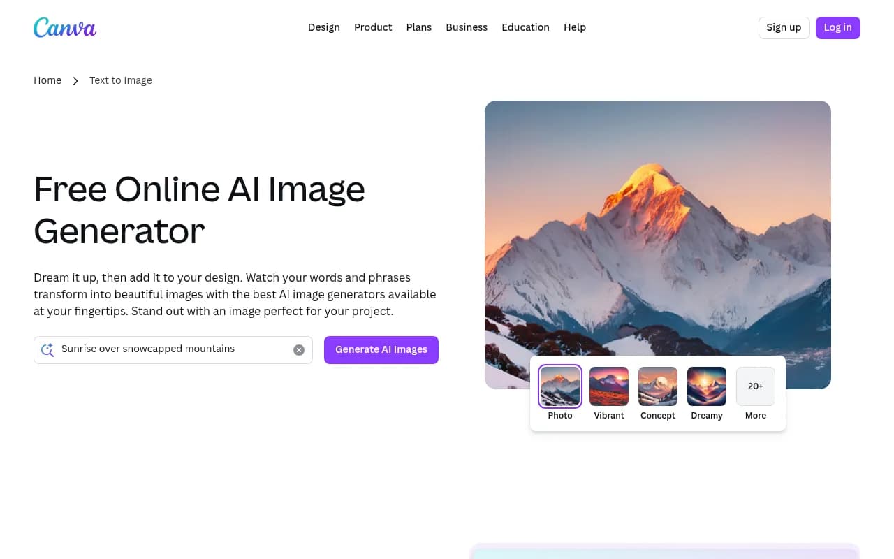 Screenshot of Canva AI website