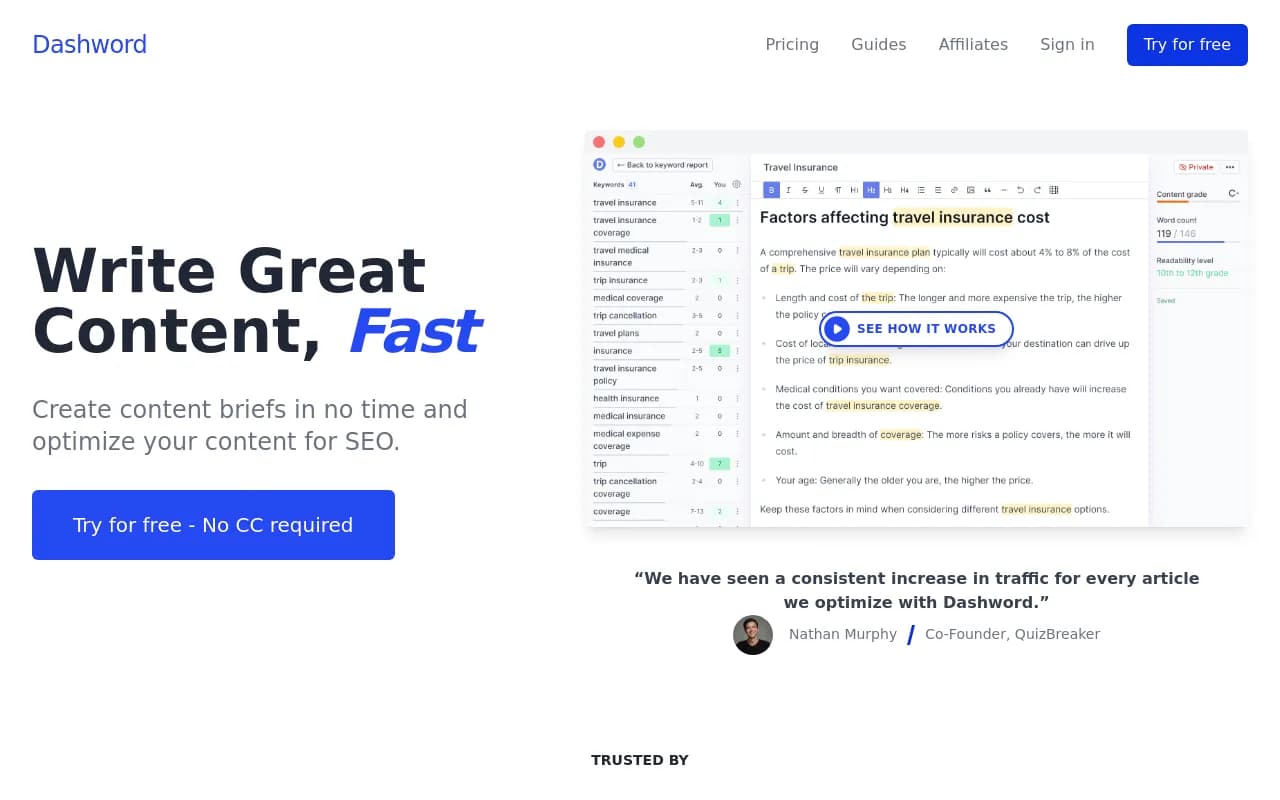 Screenshot of Dashword website