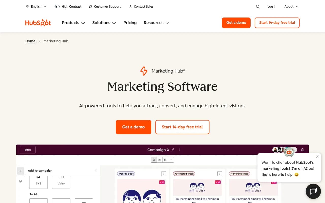 Screenshot of HubSpot Marketing Hub website
