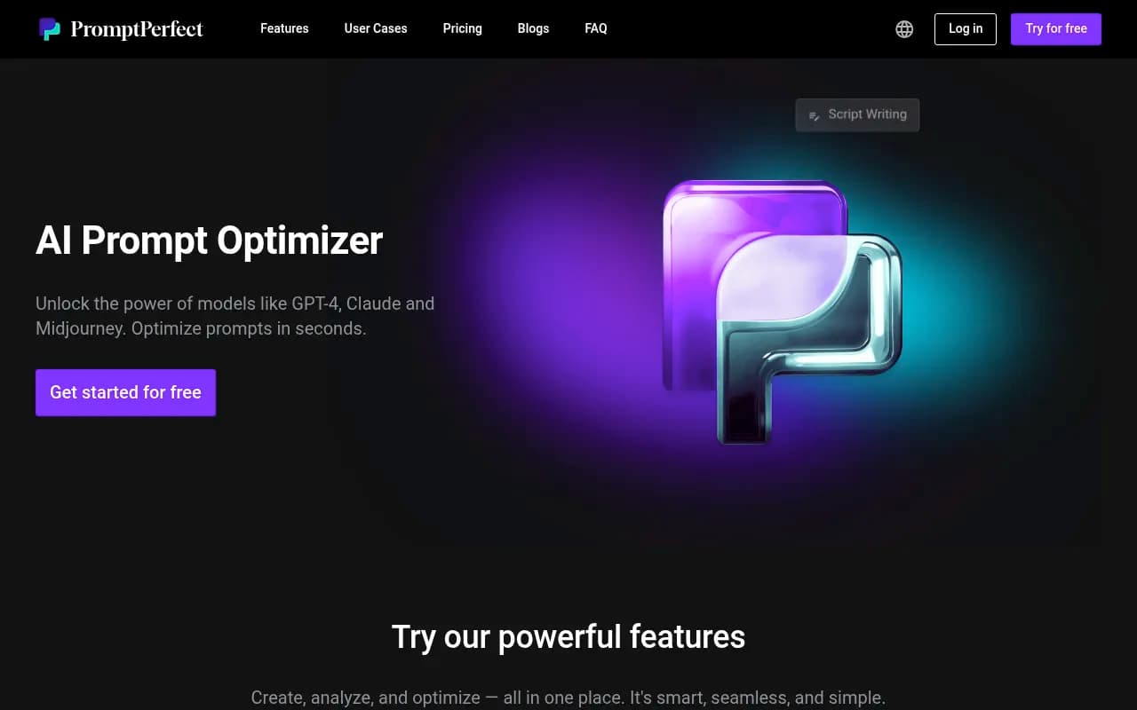Screenshot of PromptPerfect website